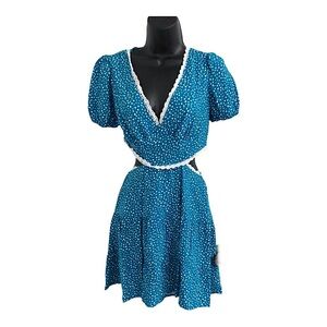 Puff sleeve crochet lace trim open back waist cutout blue teal short dress sizeM